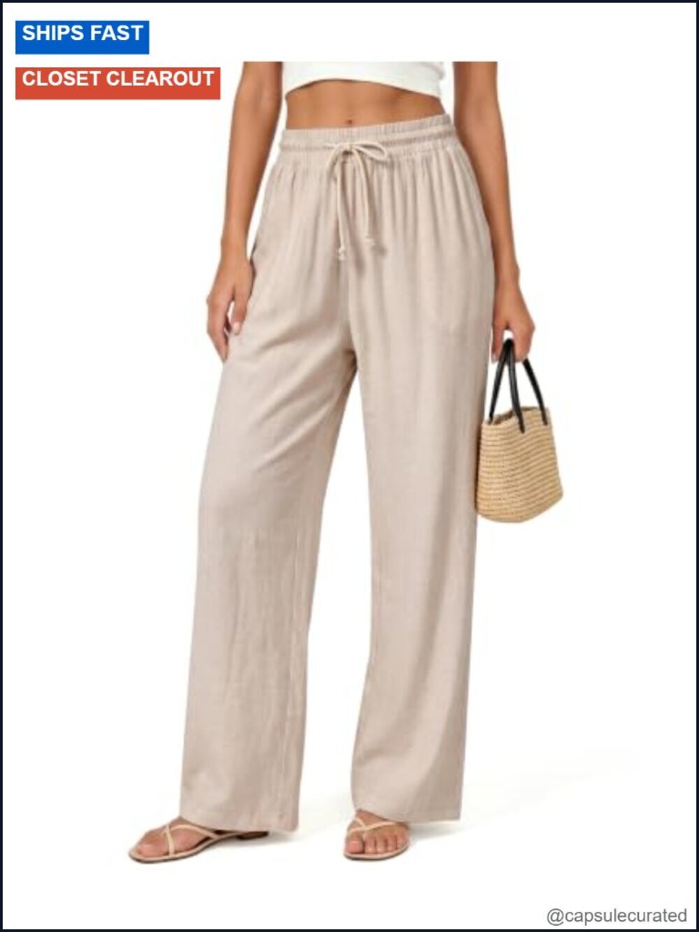 Linen Blend Wide Leg Palazzo Pants with Pockets Elastic Waist Drawstring